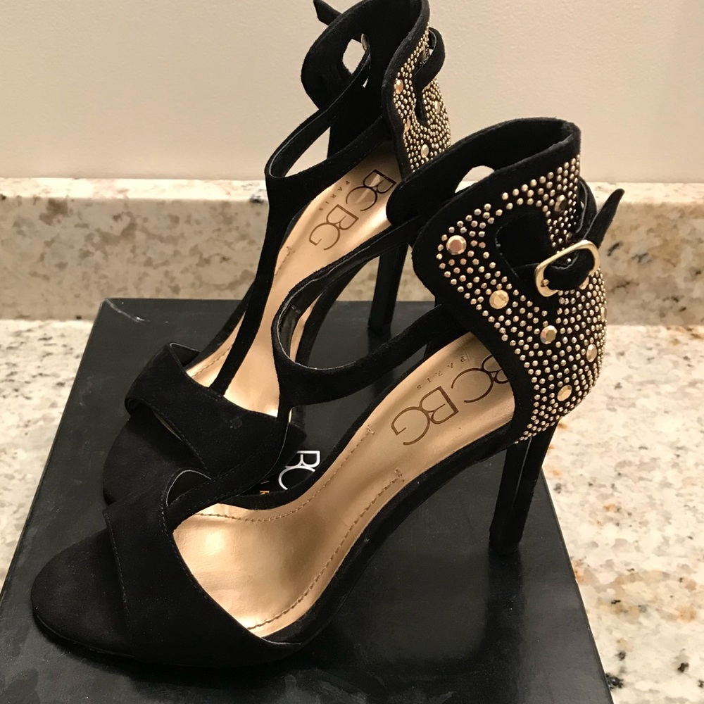 Black Open Toe Heels with Gold Detail